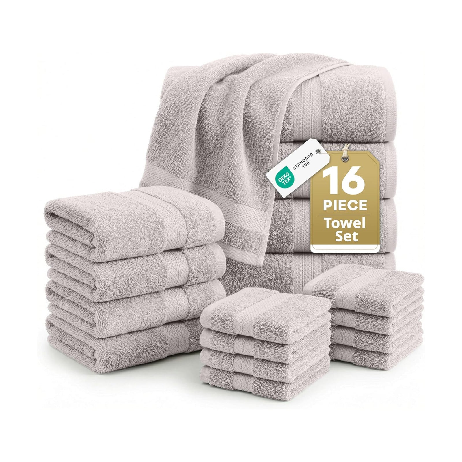 LANE LINEN Bath Towel Set 100% Cotton 16 Piece Soft Absorbent - Platinum | Cotton Towel Set - Densely Woven & Soft