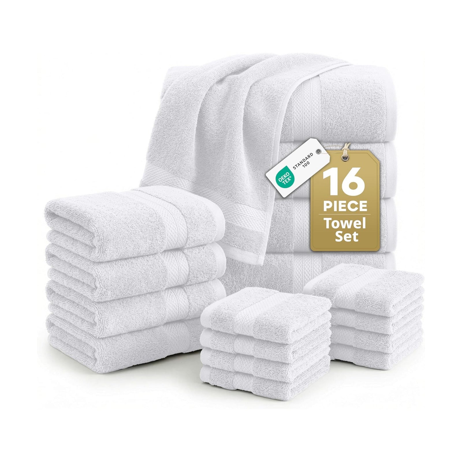 LANE LINEN Bath Towel Set 100% Cotton 16 Piece Soft Absorbent - White | Shower Towels - Generously Sized, Oversized &