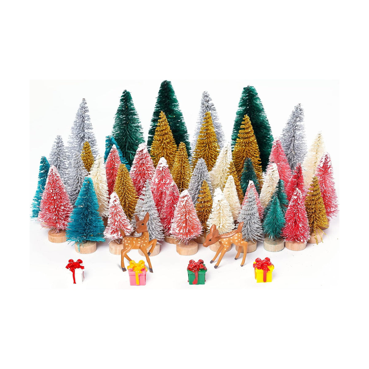 Yookat 51Pcs Mini Pine Trees Bottle Brush Trees Deer Boxes