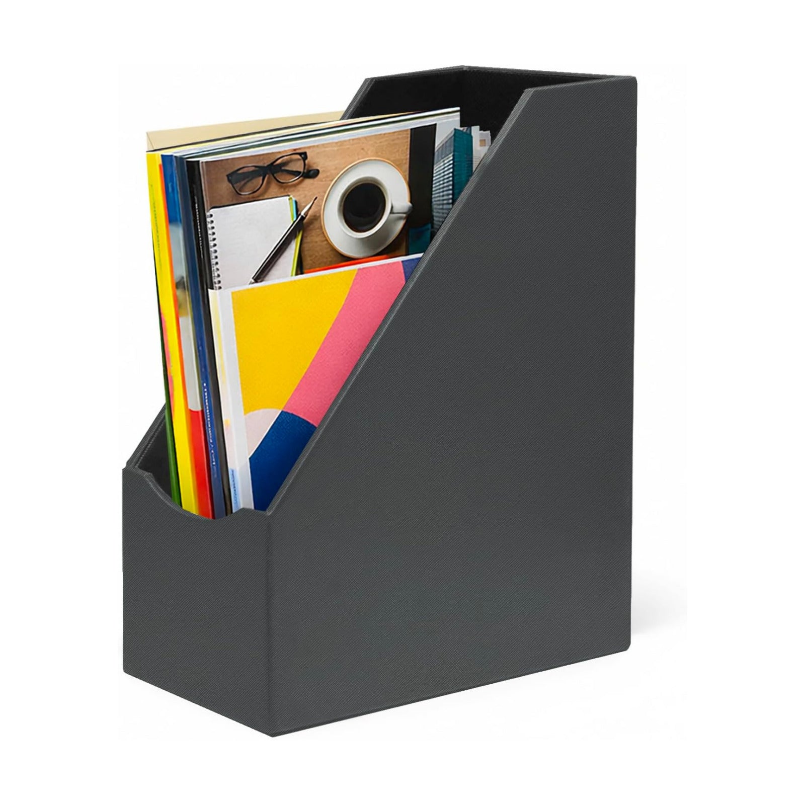 UnionBasic Magazine File Holder, Grey | Leatherette, Desktop Document Organizer, Home Office Paper Holder, File Storage