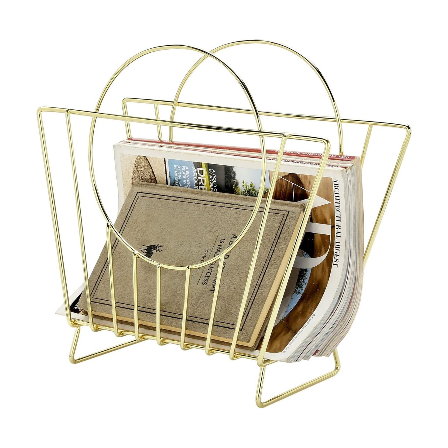 MyGift Brass Metal Magazine Holder, Mid-Century Document File Rack | Bag-inspired silhouette stores magazines, files