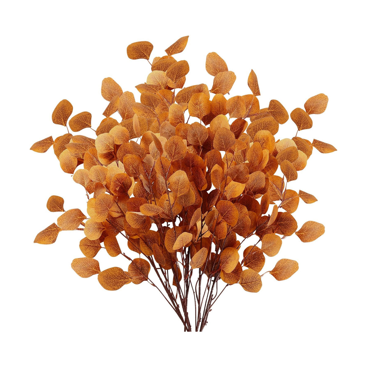 Sggvecsy 6 Pcs Fall Eucalyptus Leaves Artificial Eucalyptus Stems Long Silver Dollar Leaves Autumn Leaf Branches Fake Silk Eucalyptus for Christmas Home Autumn Festival Thanksgiving Decor(Orange)