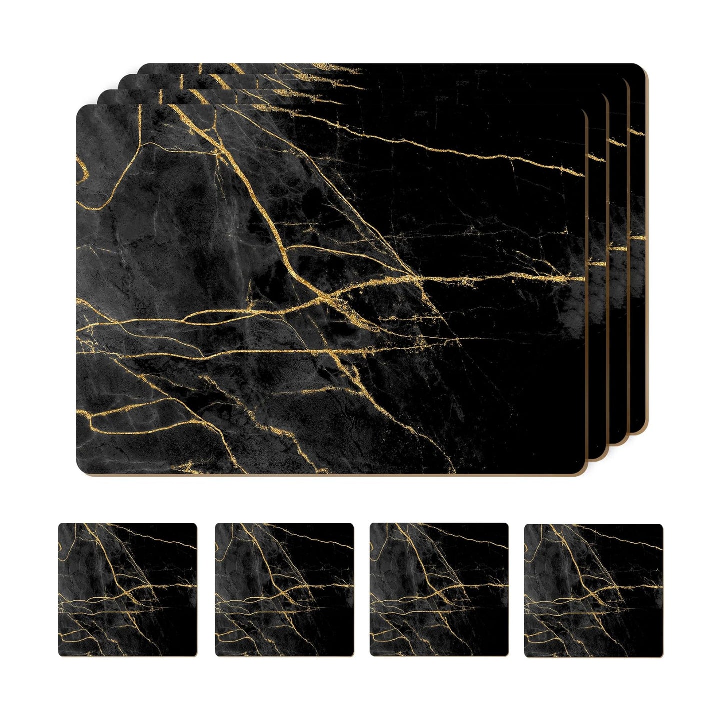 Heat Resistant Cork Placemats for Dining Table / Black & Gold Marble / Set of 4