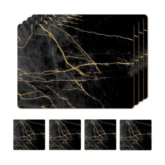 Heat Resistant Cork Placemats for Dining Table / Black & Gold Marble / Set of 4