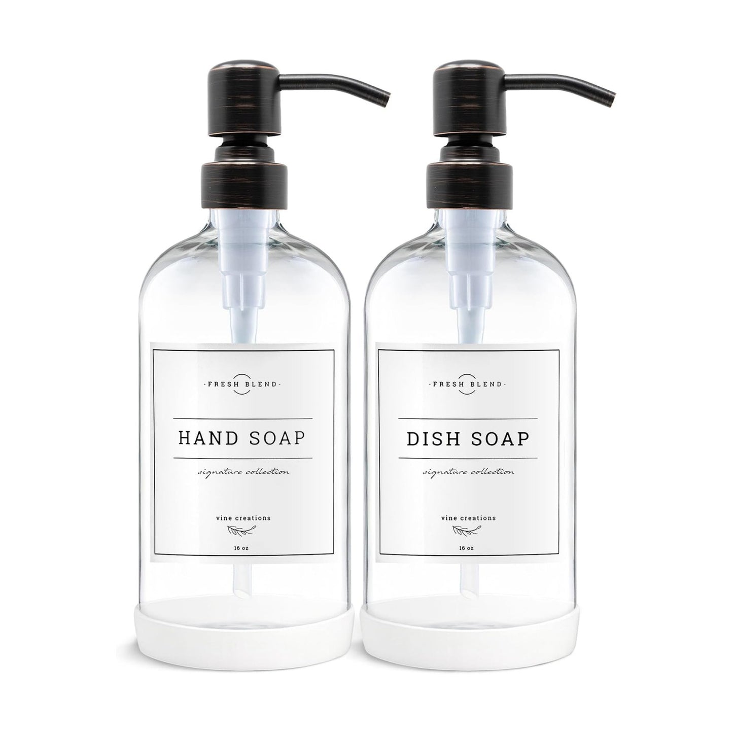 Vine Creations Clear Glass Soap Dispenser, 2 Pack Kitchen Soap Dispenser Set with Stainless Steel Pump, 16 oz Dish Soap