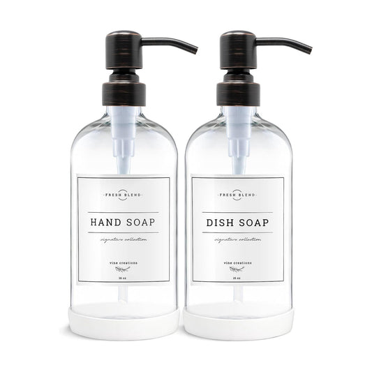 Vine Creations Clear Glass Soap Dispenser, 2 Pack Kitchen Soap Dispenser Set with Stainless Steel Pump, 16 oz Dish Soap