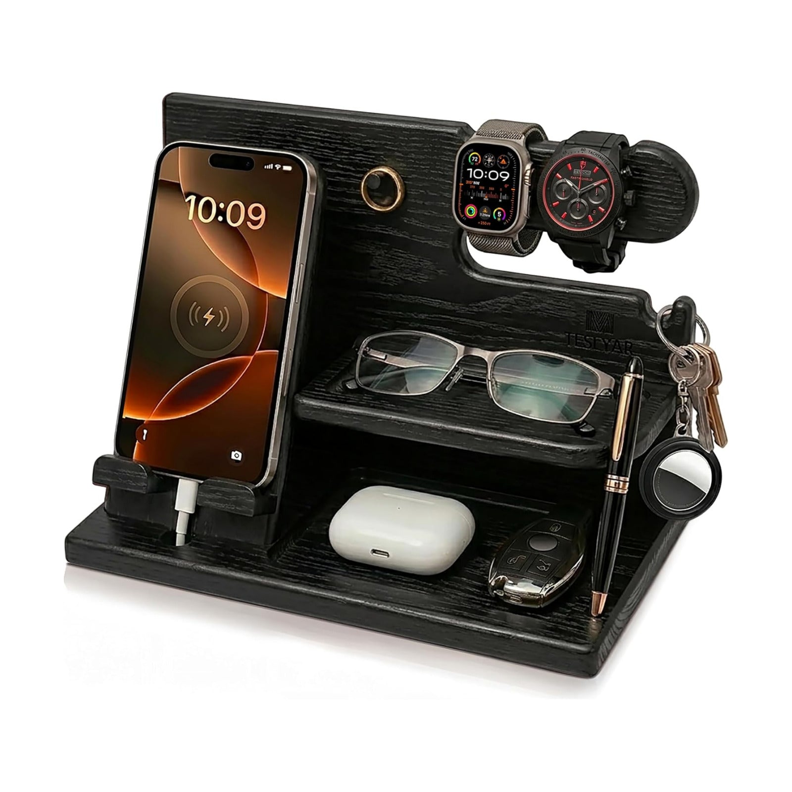 TESLYAR Wood Phone Docking Station for Men - Desk or Nightstand Organizer - Birthday Gifts for Husband, Dad