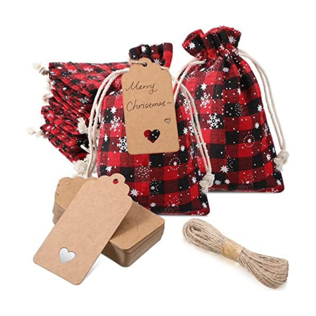 Shappy 24 Pcs Christmas Drawstring Gift Bags Xmas Buffalo Plaid Burlap Advent Bags 7 x 5 Inches Linen Treat Candy Bag with 32.8 ft Rope 24 Card(Black Red Snowflake)