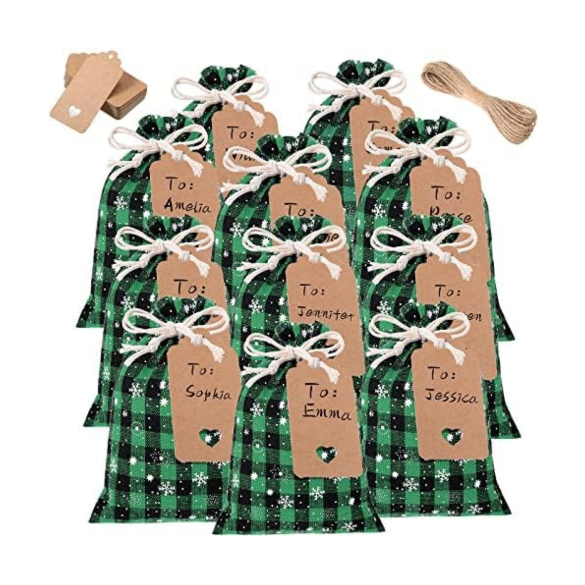 Shappy 24 Pcs Christmas Drawstring Gift Bags Xmas Buffalo Plaid Burlap Advent Bags 7 x 5 Inches Linen Treat Candy Bag with 32.8 ft Rope 24 Card(Black Green Snowflake)