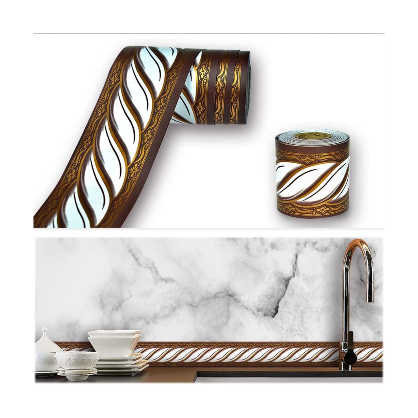 Peel and Stick Wallpaper Border Removable Self Adhesive Abstract Damask / Brown/white / 2 x 393.7