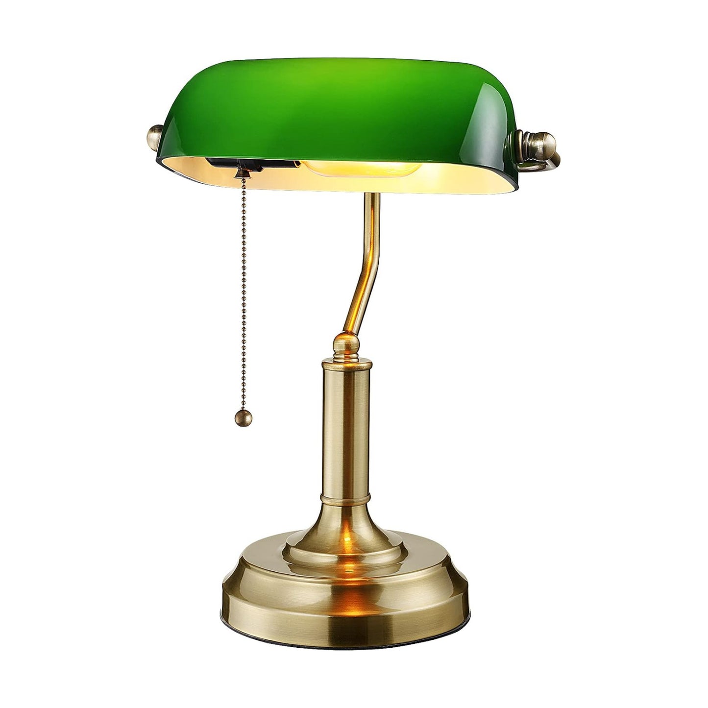 TORCHSTAR Green Glass Bankers Desk Lamp with Pull Chain, E26 Base | Brass Finish Base, Antique Traditional Library Lamp