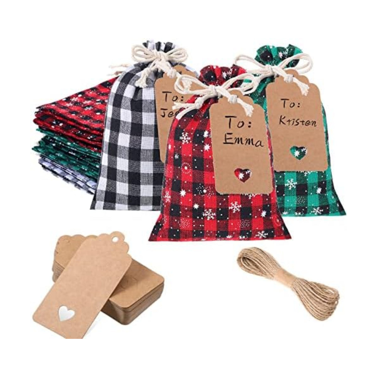 Shappy 24 Pcs Christmas Drawstring Gift Bags Xmas Buffalo Plaid Burlap Advent Bags 5.5 x 4 Inches Linen Treat Candy Bag with 32.8 ft Rope 24 Card(Mixed Colors)