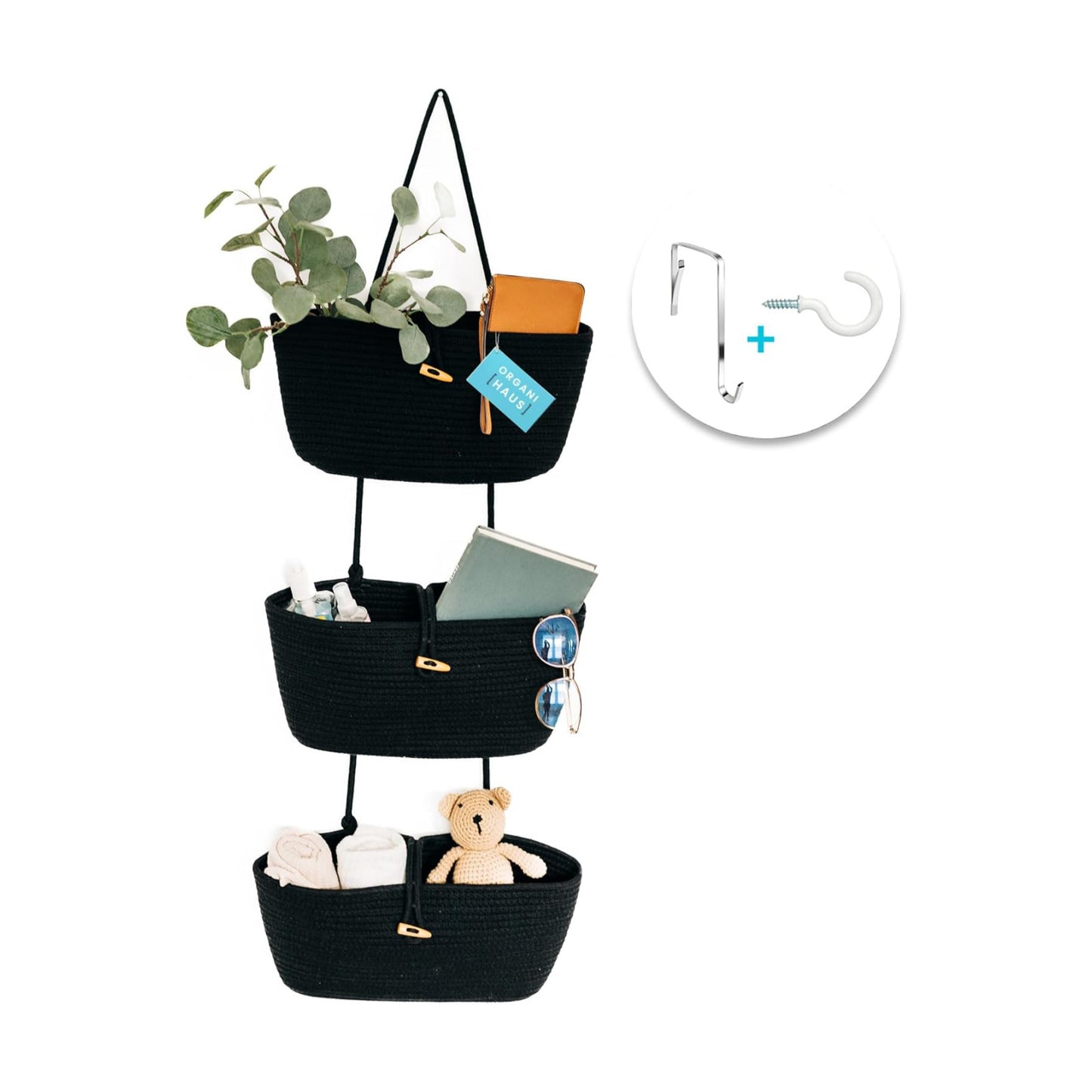 Hanging Baskets / Black Hanging Wall Baskets for Storage / Full Black / 3-tier