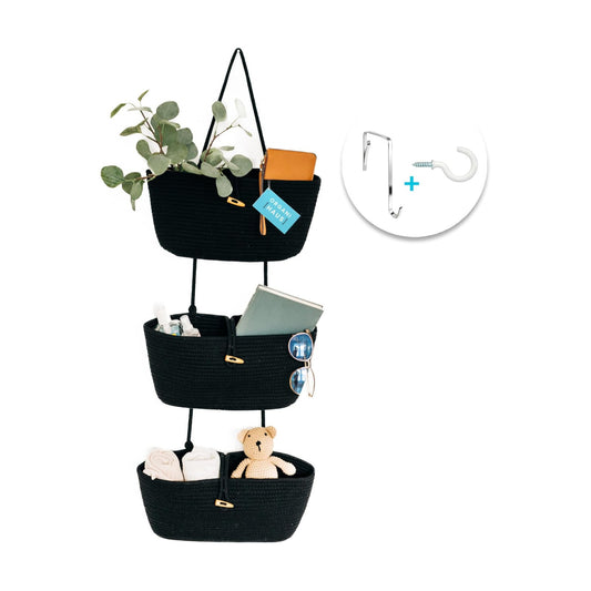 Hanging Baskets / Black Hanging Wall Baskets for Storage / Full Black / 3-tier