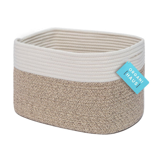 Woven Decorative Basket for Organizing / Brown / Off-white / 15 x 10 x 9