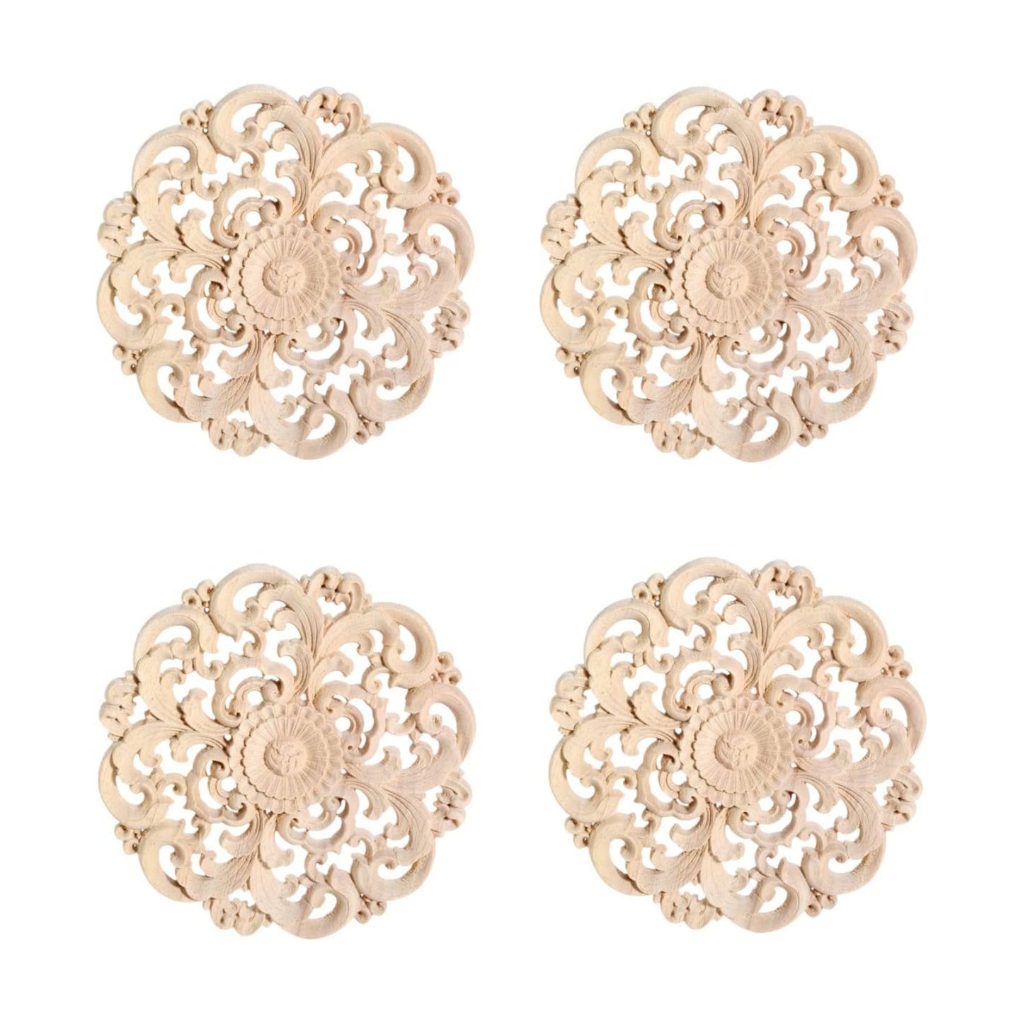 Unpainted Wooden Carved Flower Carvings Decals / 4.72 Inches / 4-pack / Set of 4
