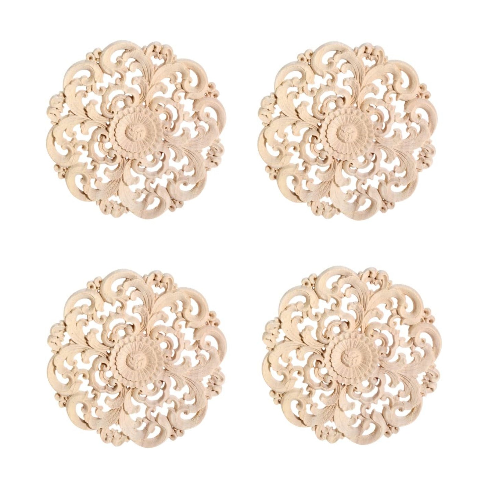 Unpainted Wooden Carved Flower Carvings Decals / 4.72 Inches / 4-pack / Set of 4