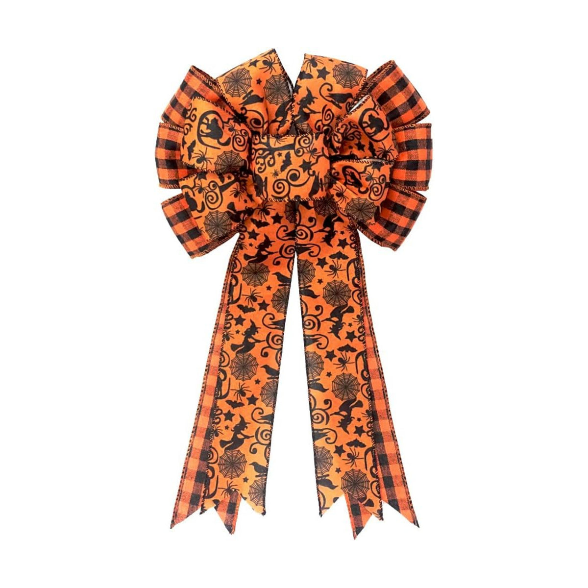 Buffalo Plaid Halloween Bow - Large Black & Orange Spider Web Bat Tree Topper - Gift Bows for Party & Home Decoration