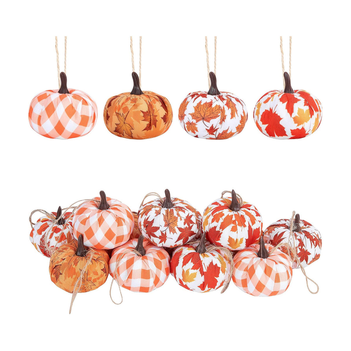 12PCS Fall Thanksgiving Plaid Fabric Wrapped Pumpkin Shaped Ornament