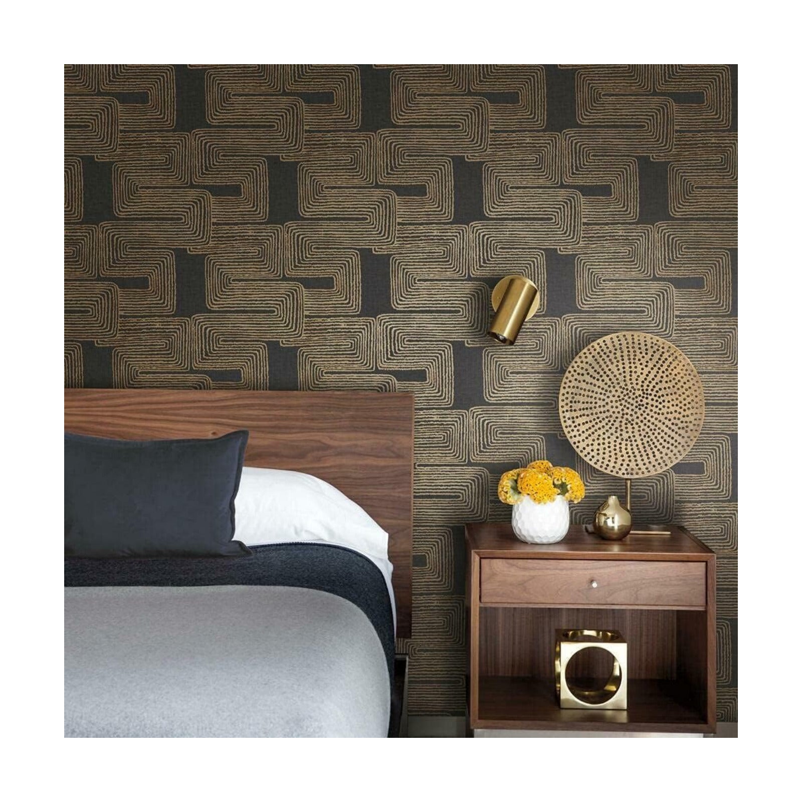 RMK12213PL Nikki Chu Black and Metallic Gold Zulu Signature Peel and Stick Wallpaper / Black/gold