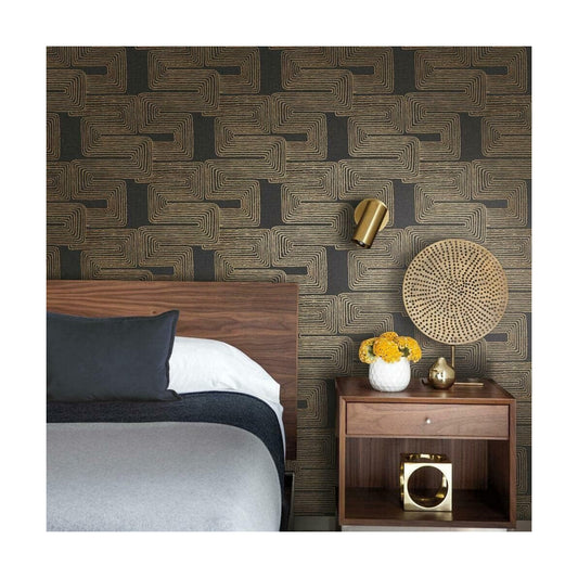 RMK12213PL Nikki Chu Black and Metallic Gold Zulu Signature Peel and Stick Wallpaper / Black/gold
