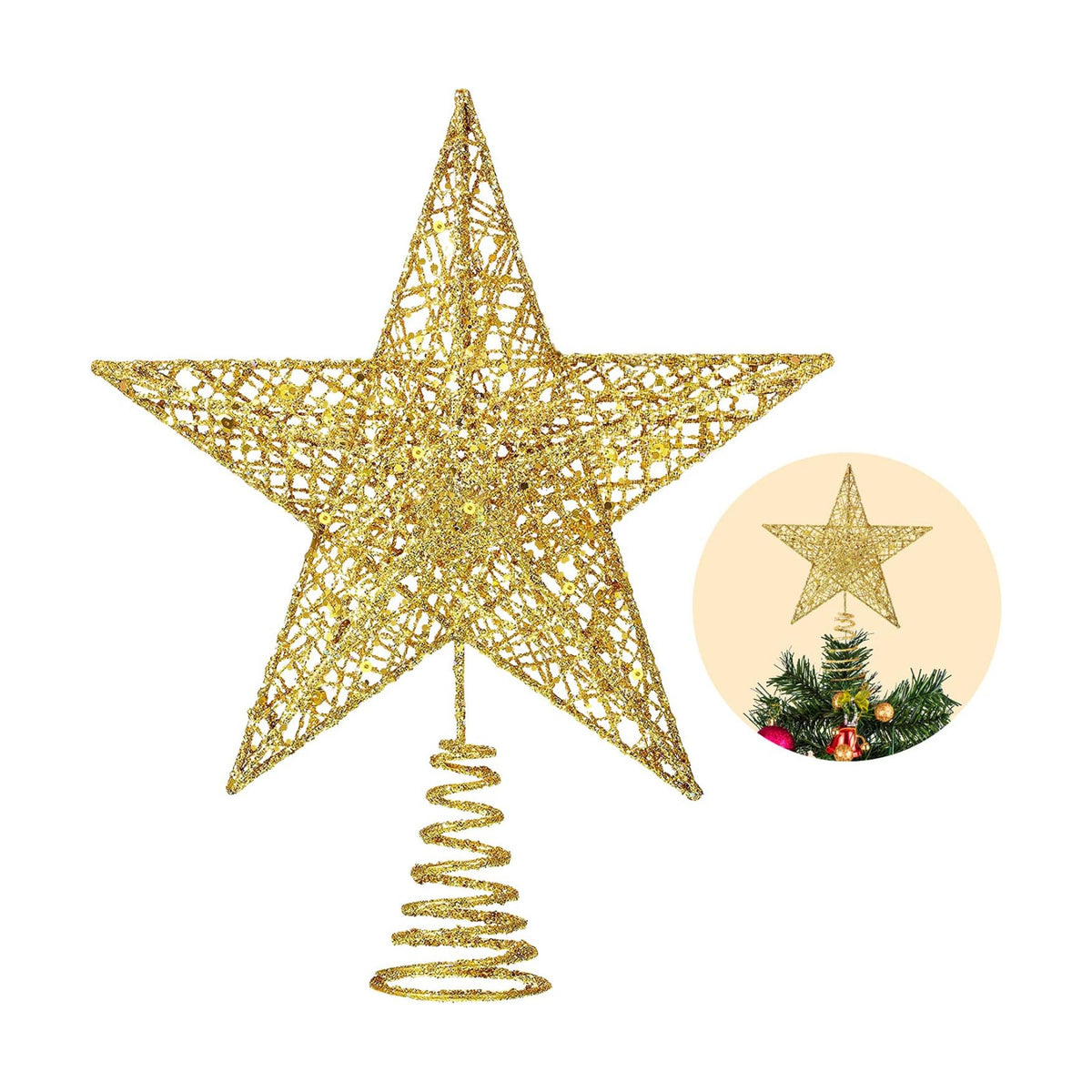 Christmas Tree Toppers Xmas Glitter Gold Hollow Star Treetop Topper