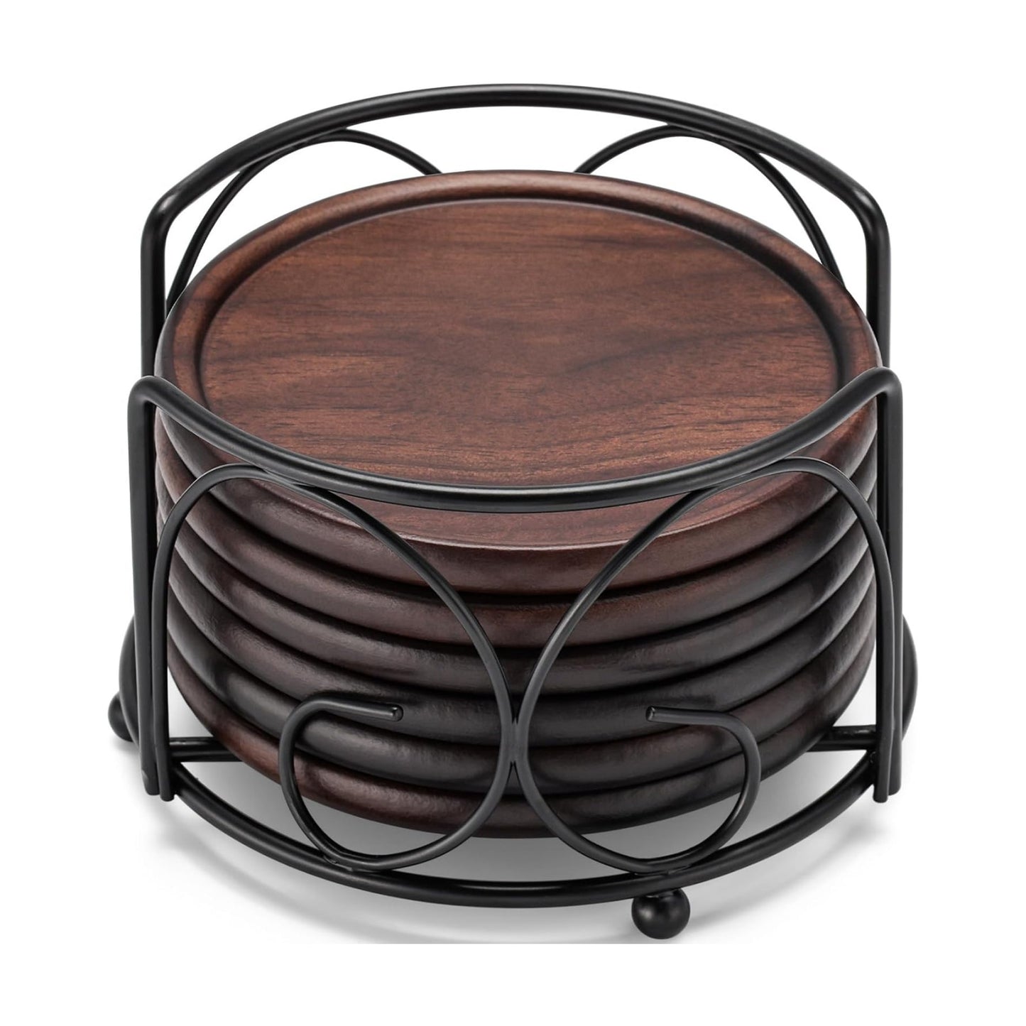 Walnut Wooden Coaster Tabletop Protection for Drinks Coffee Table / with Metal Holder / Set of 6