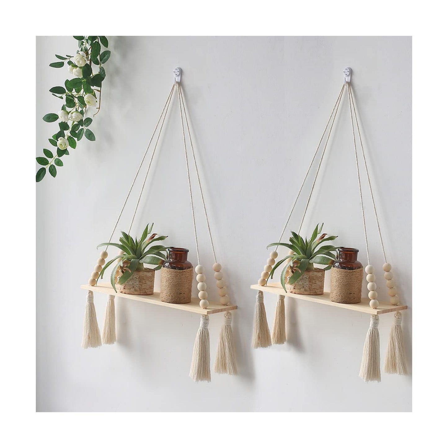 Wooden Wall Hanging Shelves / Beige Tassel / Set of 2