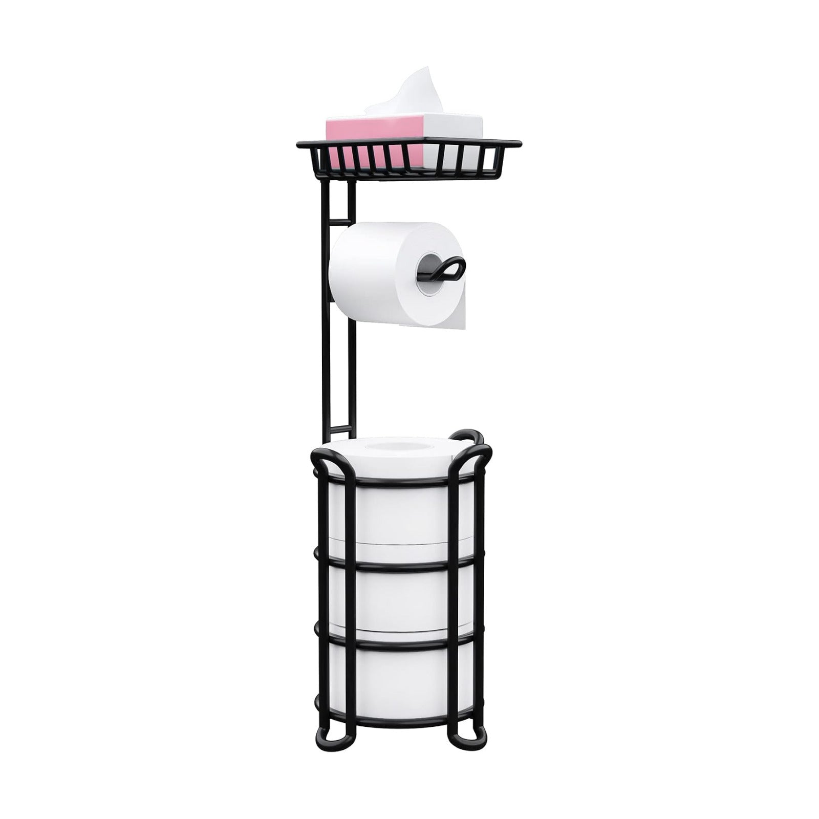 Toilet Paper Holder Stand with Shelf, Free Standing Tissue Roll Storage Rack with Dispenser for Bathroom, Black