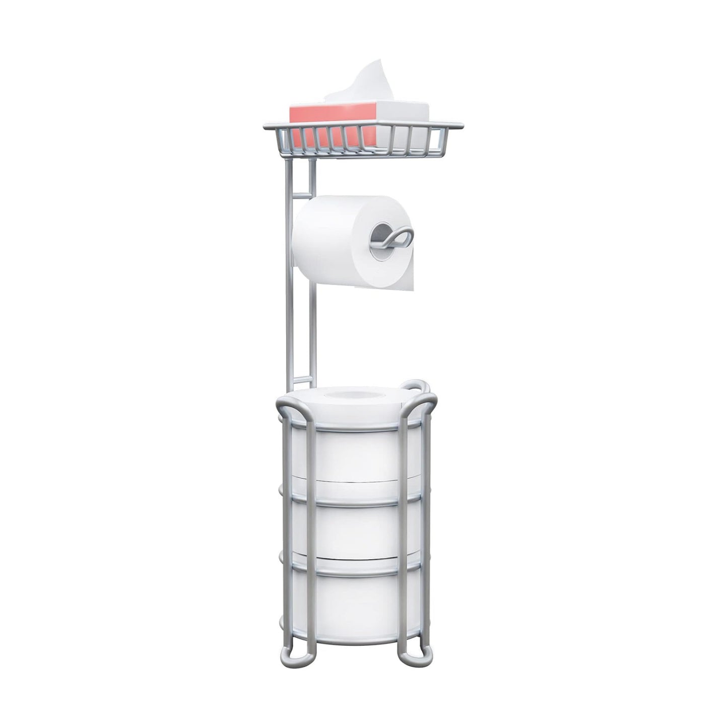 Toilet Paper Holder Stand with Shelf for Phone, Free Standing Tissue Roll Storage and Dispenser Rack for 4 Mega Rolls