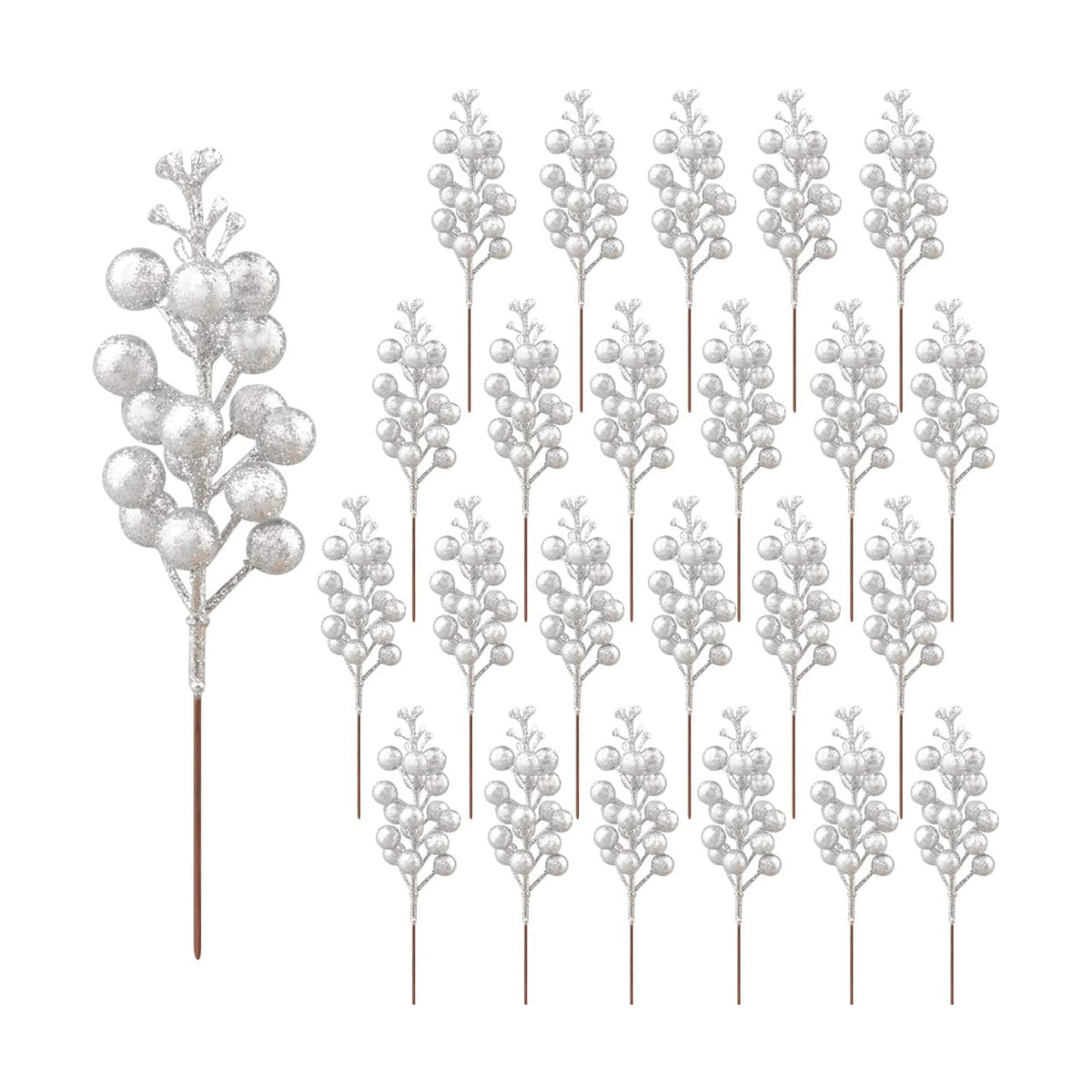 24 Pack Glitter Silver Berry Stems,7.5 Inch Christmas Sparking Silver Faux Winter Berry Sprigs,Artificial Berries Branches for Christmas Tree Garland Wreath Crafts Season Winter Home Decor