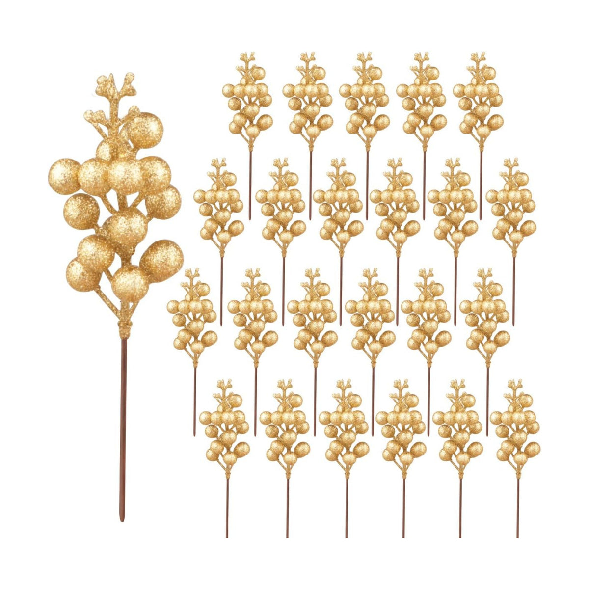 24 Pack Glitter Gold Berry Stems,7.5 Inch Christmas Sparking Gold Faux Winter Berry Sprigs,Artificial Berries Branches for Christmas Tree Garland Wreath Crafts Season Winter Home Decor
