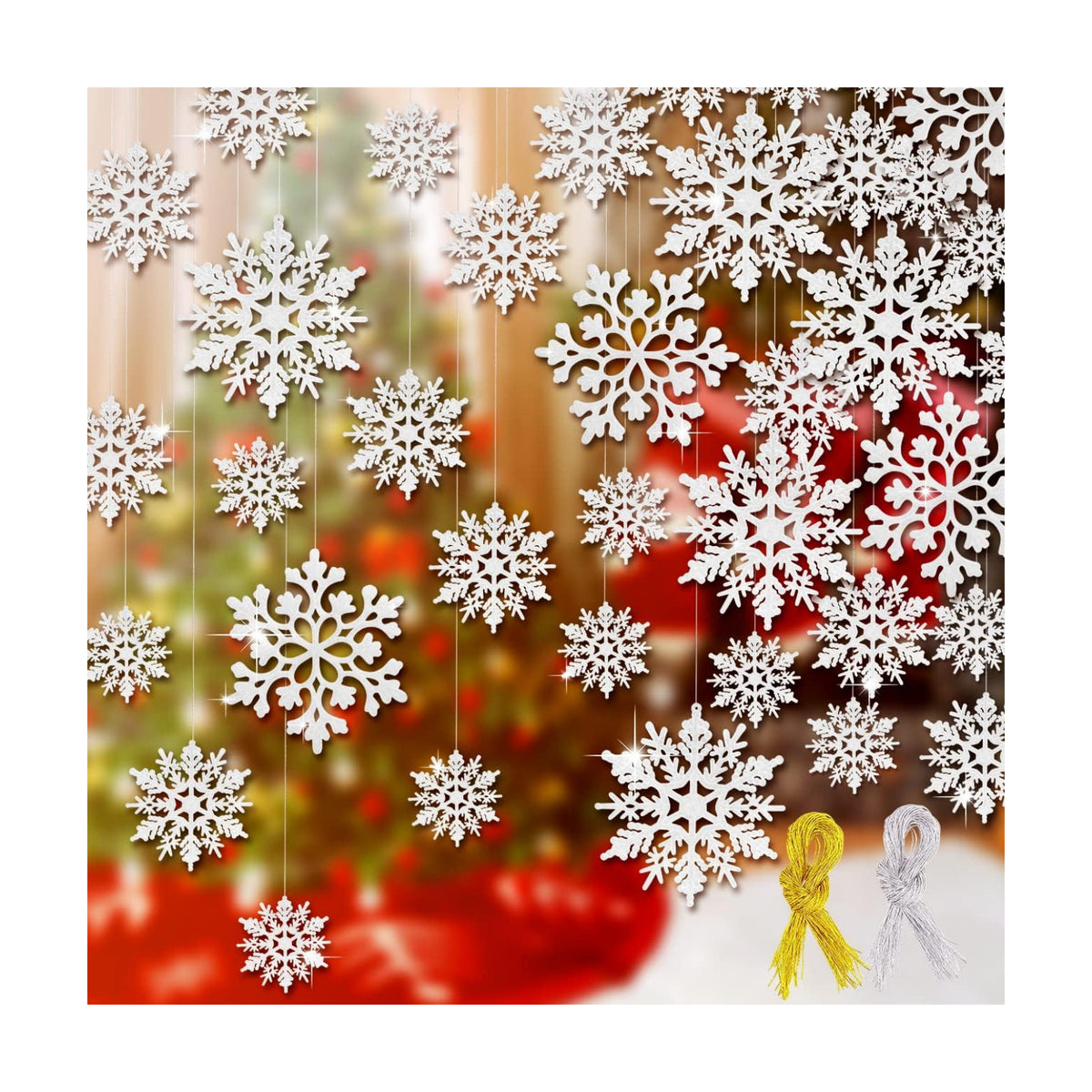 46Pcs Plastic Snowflake Ornament Christmas Glitter Snowflake Hanging Christmas Tree Decorations with Silver Rope for Winter Decorations Tree Window Door Accessories (White)