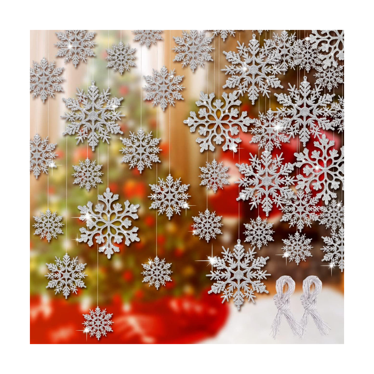 46Pcs Plastic Snowflake Ornament Christmas Glitter Snowflake Hanging Christmas Tree Decorations with Silver Rope for Winter Decorations Tree Window Door Accessories (Silver)