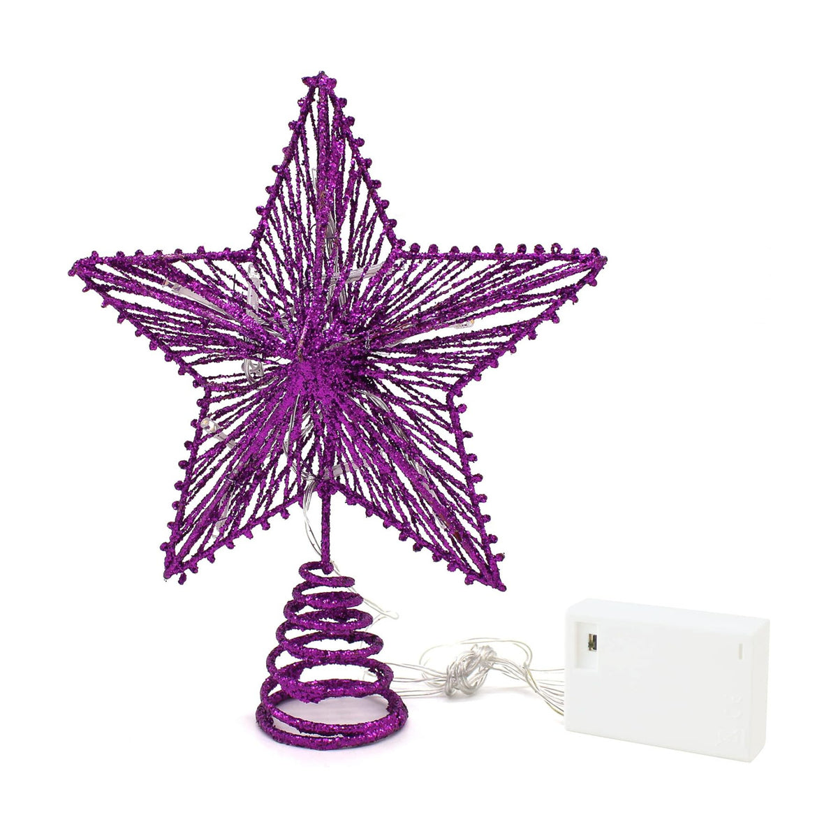CVHOMEDECO. Violet Glittered 3D Tree Top Star with Warm White LED Lights and Timer for Christmas Tree Decoration and Holiday Seasonal Décor, 8 x 10 Inch