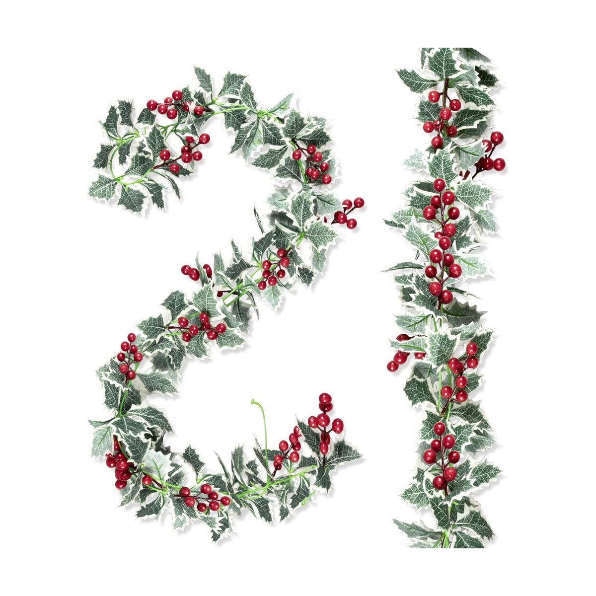 Whaline 2Pcs Christmas Artificial Garlands, 15.7Ft Xmas Berry Holly Leaves Garland Faux Greenery Garlands Winter Snowy Red Berries Hanging Vine for Wedding Party Home Decoration
