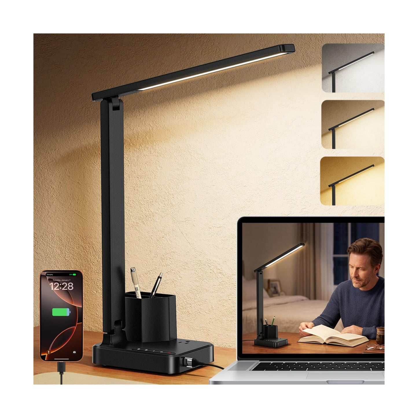 LED Desk Lamp USB A/C AC Pen Holder Dorm Home Office Desk Light Black | Adjustable LED Desk Light with USB A/C, AC