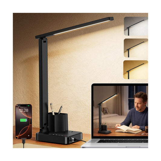 LED Desk Lamp USB A/C AC Pen Holder Dorm Home Office Desk Light Black | Adjustable LED Desk Light with USB A/C, AC