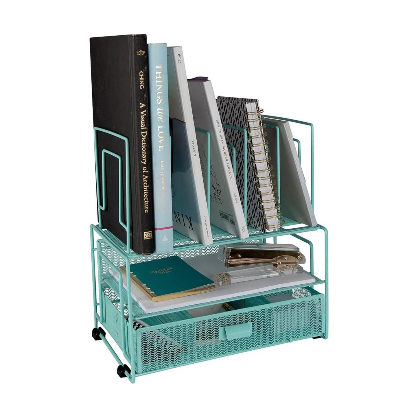 BLU MONACO Mint Green Desk Organizer With File Sorters and Drawer | Metal Mesh Desktop Storage for Office Supplies