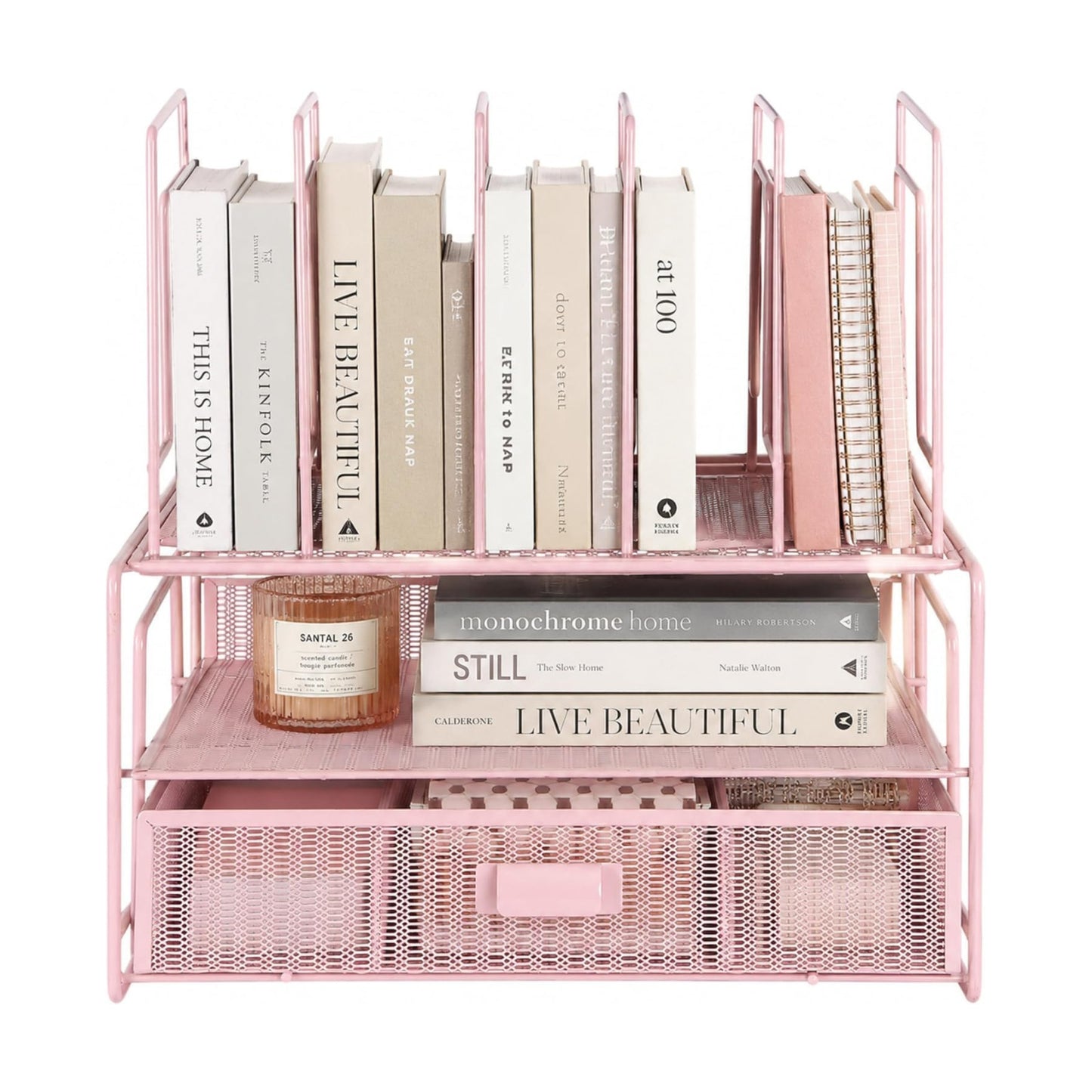 BLU MONACO | Pink Desk Organizer with Drawer | Wire Mesh Desk Organizer File Sorter | Metal Desktop Storage for Office