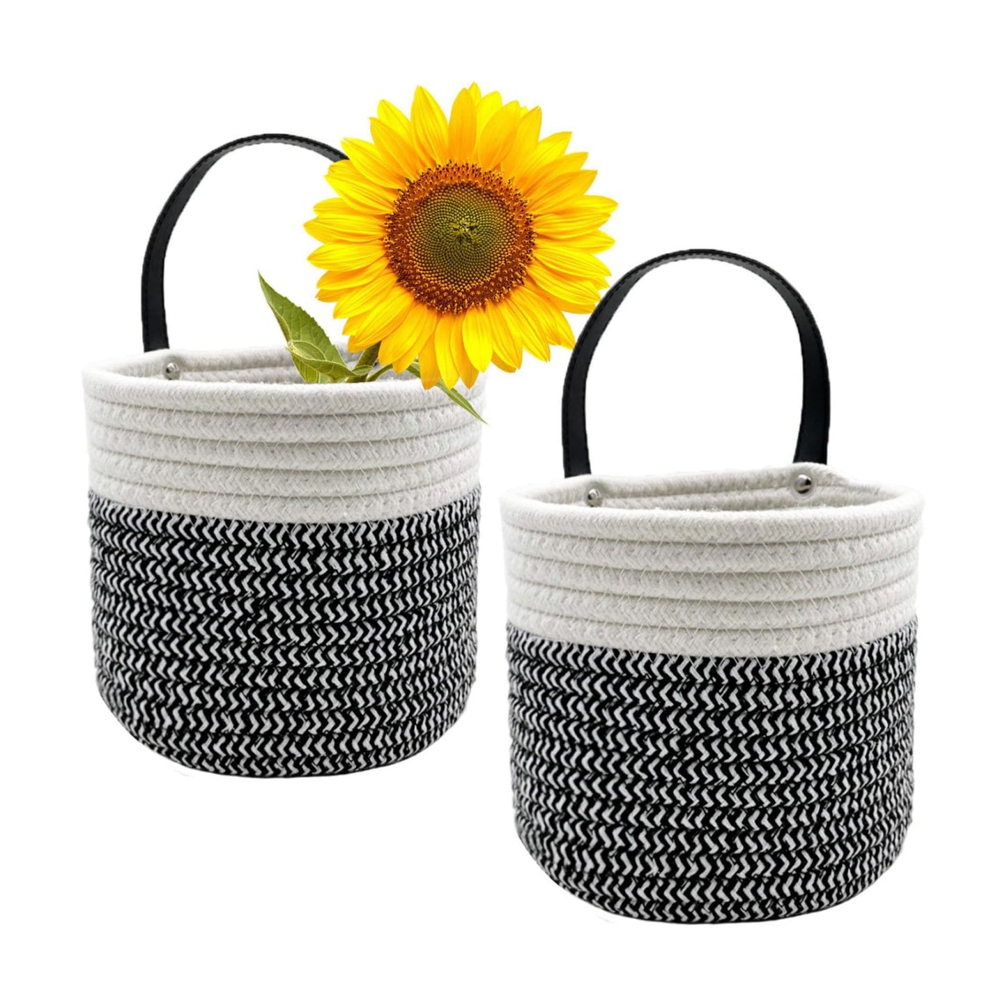 Handles Woven Organizer Storage Basket / Black and White / Set of 2