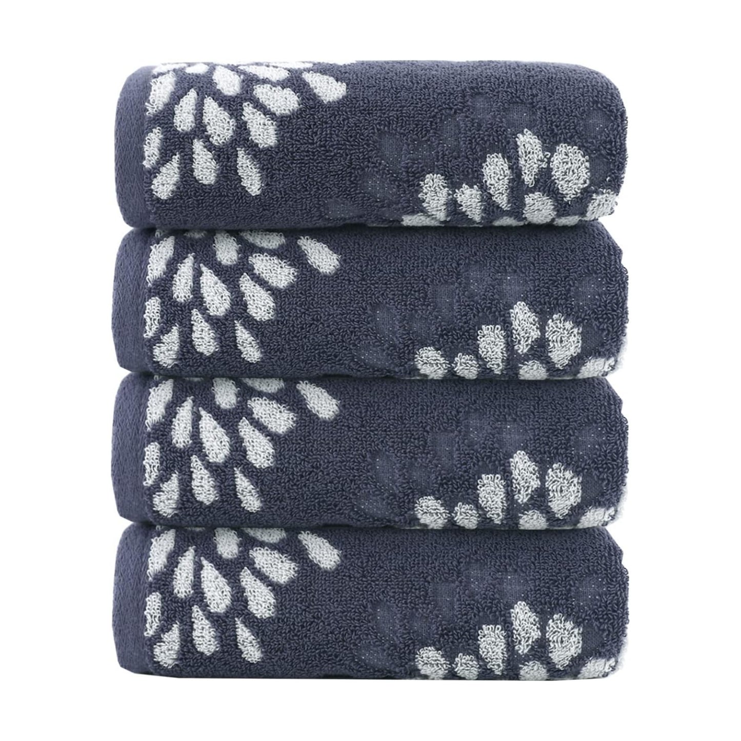 Hand Towels Set of 4 Hydrangea Floral Pattern 100% Cotton Absorbent Soft Decorative Towel for Bathroom (Denim Blue)