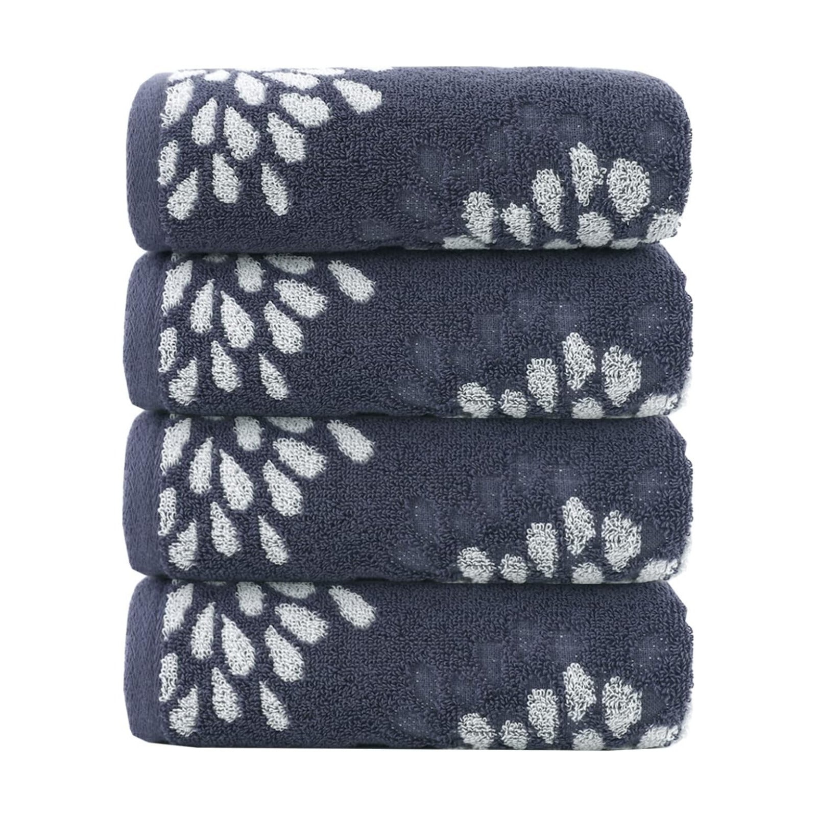 Hand Towels Set of 4 Hydrangea Floral Pattern 100% Cotton Absorbent Soft Decorative Towel for Bathroom (Denim Blue)