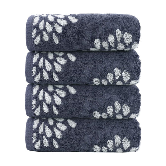 Hand Towels Set of 4 Hydrangea Floral Pattern 100% Cotton Absorbent Soft Decorative Towel for Bathroom (Denim Blue)