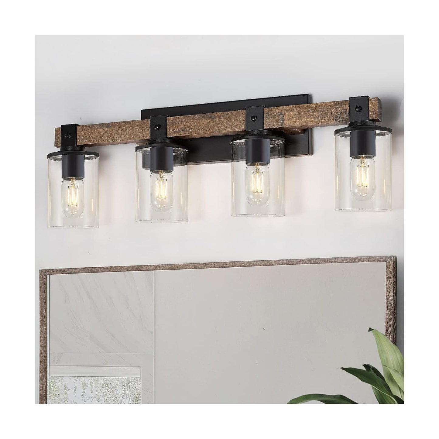 DUJAHMLAND Farmhouse Vanity Light Fixture, Industrial 4-Light Wood Wall Sconce Bathroom Vanity Lighting with Clear