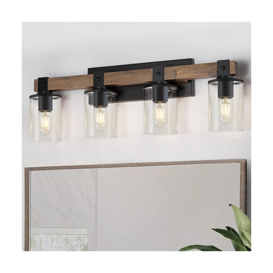 DUJAHMLAND Farmhouse Vanity Light Fixture, Industrial 4-Light Wood Wall Sconce Bathroom Vanity Lighting with Clear
