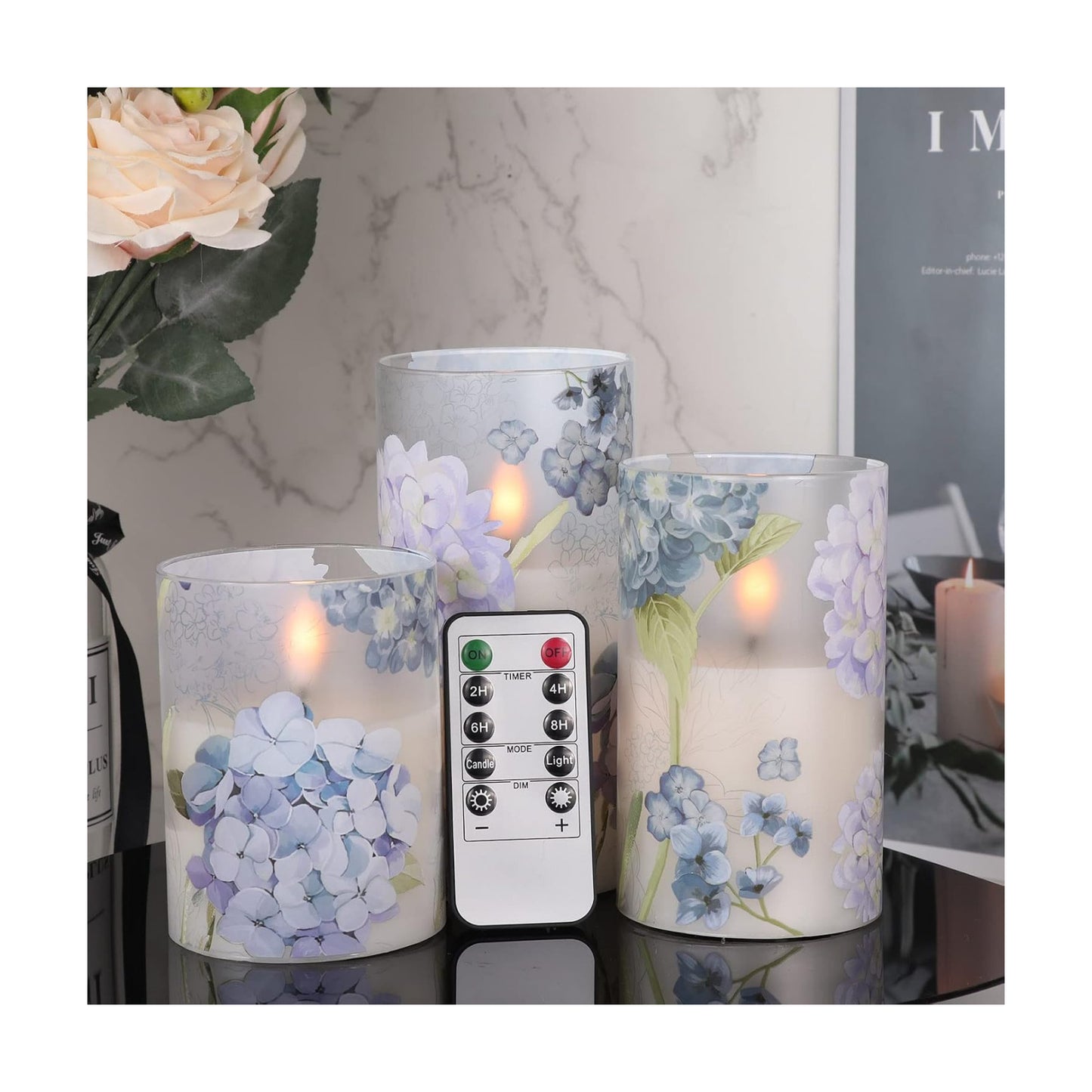 Hydrangea Glass Flameless Candles Batttery Operated Remote Timer | LED Flickering Pillar Candles, Real Wax 400 Hours