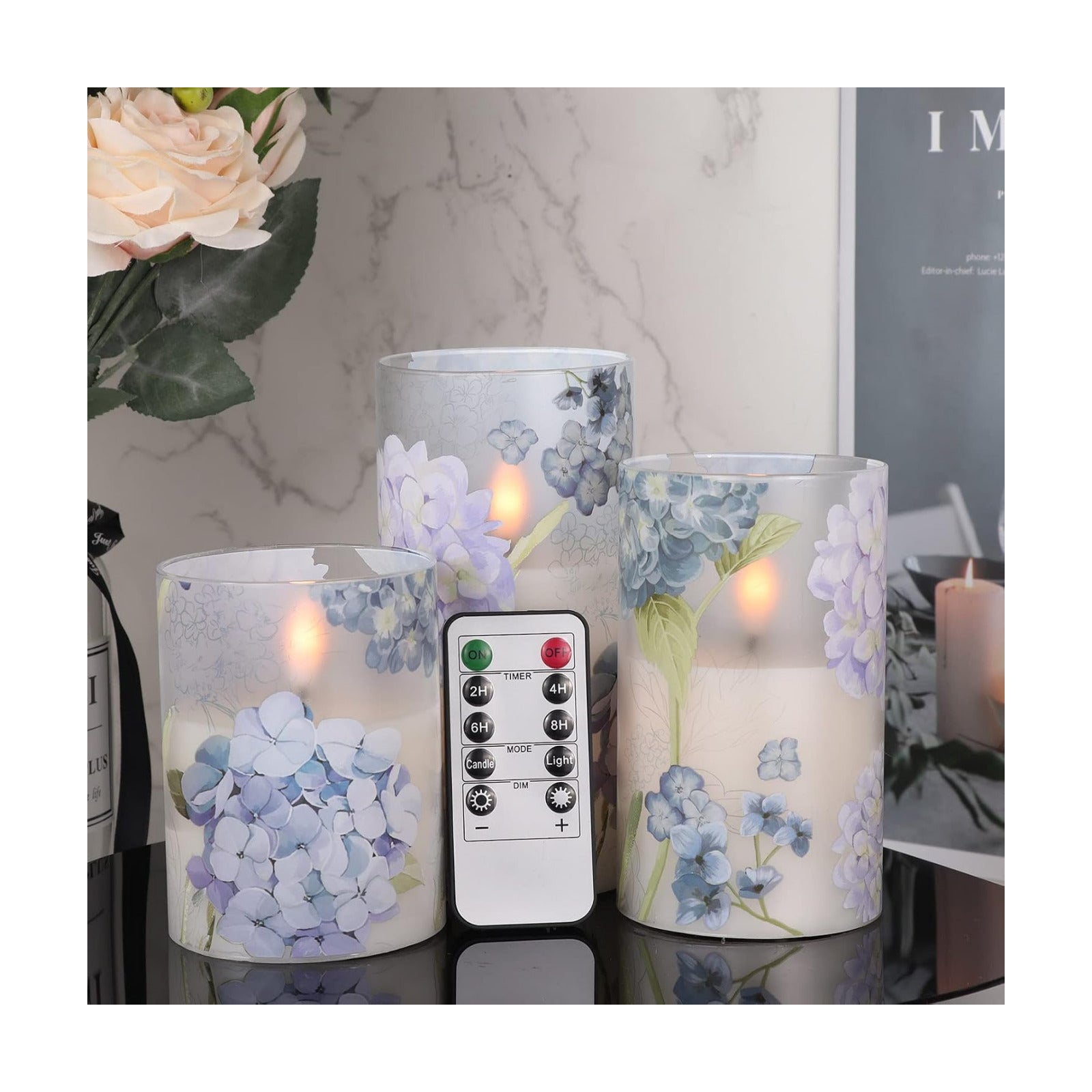 Hydrangea Glass Flameless Candles Batttery Operated Remote Timer | LED Flickering Pillar Candles, Real Wax 400 Hours