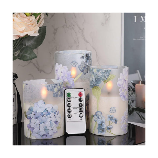 Hydrangea Glass Flameless Candles Batttery Operated Remote Timer | LED Flickering Pillar Candles, Real Wax 400 Hours