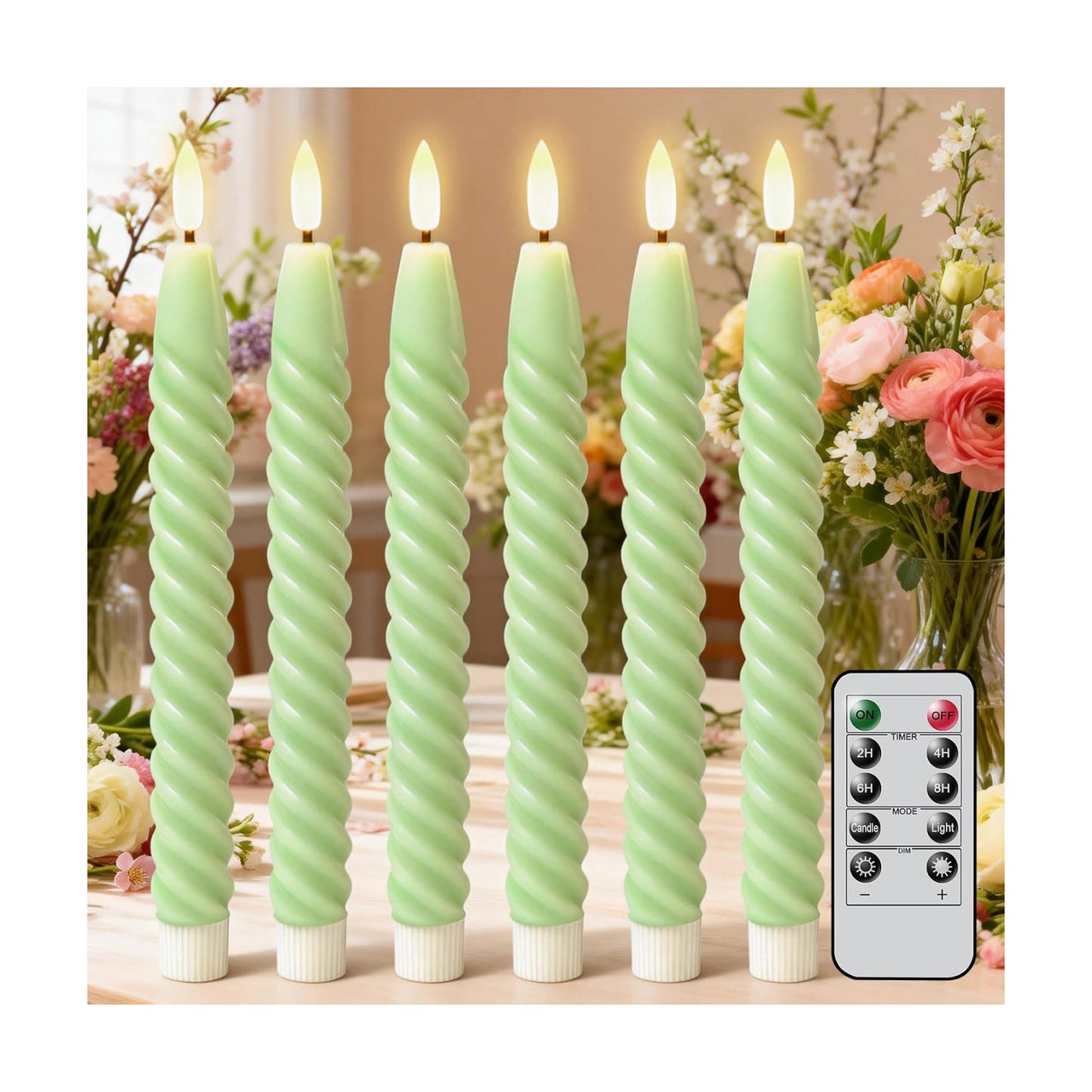 Green Flameless Taper Candles Flickering with Remote Timer | LED Spiral Taper Candles, Flameless Candlesticks, Battery